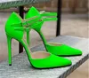 Women Sexy Pointed Toe Stiletto Patchwork Pumps Ankle Straps Green Leather High Heels Formal Dress Big Size Shoes