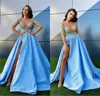 2020 Elegant Evening Dresses Long Sleeves Lace Appliques High Split Prom Gowns Custom Made Sweep Train A Line Special Occasion Dress