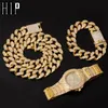 Hip Hop 20MM 3pcs Set Miami Cuban-Ketten-Halskette + Armband + Uhr Iced Out Gepflasterte Strass CZ Rapper Halsketten für Männer Schmuck Y200810