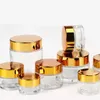 Klar glas krämburk med glänsande guld aluminium lock, kosmetisk burk, packning för prov / ögonkräm, 100 g gals flaska