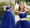 A linha de Quinceanera Prom Dresses robe de soiree Royal Blue 2021 Correias Lace Applique frisada Manga 2 Piece Vestido Formal Wear partido