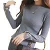 2019 Casual Frauen O Hals Langarm Tasten Manschette Elastische Gestrickte Rippen Dünne Pullover Warme Lose Gestrickte Pullover Pullover Damen