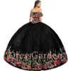 Mooie Off-shoulder Geschulpte Hals Glinsterende Tule Quinceanera Jurk Zwart Kleurrijk Bohemen Bloemen Appliqué Sweet 16 Jurk Debutante6133555