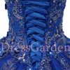 Tatlım Gümüş Kablolu Metalik 3D Aplikes Quinceanera Elbiseler Romantik Kraliyet Mavi Işıltı Tül Süpürme Tren XV Party5556334
