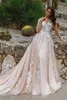 Nuovo arrivo Blush Pink Lace Cheap Plus Size Abiti da sposa Maniche lunghe Illusion Sheer Scollo a V Pieghe Abito da sposa Abiti da sposa Vestidos