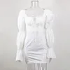 Vintage Puff Sleeve Dress Fashion Women Bandage Mini Dress Long Sleeve One Piece Sexy White Dresses