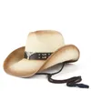 Chapeau de Cowboy occidental creux pour femmes et hommes, en paille d'été, Sombrero Hombre de plage, Cowgirl Jazz, chapeau de soleil, corde à vent, taille 57-59CM214l