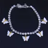 Cavigliere da donna con farfalla acrilica Bracciale da gamba con catena da tennis ghiacciato Bracciale con strass in argento e oro con ciondoli per animali Gioielli da spiaggia alla moda