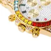 Gold Plated Bling Iced Out Colorful Rhinestone Crystal Watch Quartz Gold Hip Hop Wrist Watches With Micro Pave Cz Wristband Clock Hours