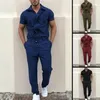 Summer Zipper Jumpsuit Streetwear Male Tracksuits Short Sleeve Solid Color Cargo Pants Set Jumpsuits Overalls M-2XL