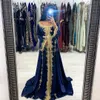 Dubai Abaya Avondjurken Morrocan Kaftan Lange Mouw Moslim Prom Dress 2020 Sexy V-hals Een lijn Satijn Gold Applique Speciale Gelegenheid Jurk