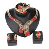 Wedding Party Accessories African Beads Jewelry Sets Red Rhinestone Gold Color Bridal Necklace Bangle Earrings Rings Set