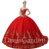 Glamorous Scarlet Red Sparkle Tule Ouro Bordado Quinceanera Vestido Off The Shoulder Sweep Trem Glitter Doce 16 Ball Vestido