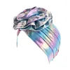 Women Hologram Metallic Rainbow Turban Hat Flower African Head Wrap Beanie Pre-Tied Elastic Bonnet Hair Loss Chemo Cap