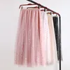 Yaz Glitter Uzun Tül Etek Kadın Pileli Sequins Parlak Tutu Etek Yüksek Bel A-Line Mesh Maxi