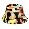 New Outdoor Multicolor Rainbow Faux Fur winter Bucket Hats Women girl Letter Pattern fisherman hat Soft Warm lady panama Gorros