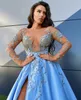 2020 Elegant Evening Dresses Long Sleeves Lace Appliques High Split Prom Gowns Custom Made Sweep Train A Line Special Occasion Dress