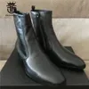 Genuine Leather High Top Top Handmade Wedge Harry Brown Zipper Men Boots Ponto Toed Slim High Boots Picture Real E18Q#