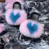 Mooie schattige zoete roze blauw hart 38 kleuren mode ontwerper casual huis echte vos bont eva platte sandles slippers voor vrouwen mannen meisjes