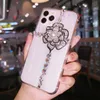 caja del teléfono transparente clara del rhinestone de lujo cristal de diamante de la flor de camelia para el iphone 11 x max pro xr x max 6 7 8 más