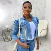 Women Sexy Ripped Denim Jackets Vintage Casual Short Jean Jacket Puff Sleeve Female Coat Streetwear Plus Size