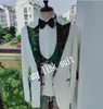 Popular One Button Ivory Groom Tuxedos Green Pattern Peak Lapel Groomsmen Mens Suits Wedding/Prom/Dinner Blazer (Jacket+Pants+Vest+Tie) K537