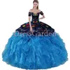 Hermoso vestido de quinceañera charro mexicano occidental azul marino multicolor bordado floral convertible desmontable 2 piezas