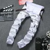 Jeans Heren Rechte Slim Fit Skinny Witte Kleur Broek Brief Gedrukt Mode Mannelijke Denim Broek Drop240S