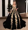 Gold Lace Appliques Velvet Black Evening Gowns Women Prom Dresses Gown 3/4 Long Sleeves V-Neck Arabic Formal Robe De Soiree