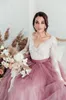 2021 Country Dresses White And Dusty Pink Tulle V Neck Scalloped Lace Long Sleeves Sweep Train Wedding Gown Hochzeitskleid 401 401