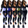 Women panelled Jumpsuits contast color rompers sexy v neck onesie long sleeve bodysuits fall winter clothes bodycon one piece pants 3793