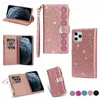 multifunctionele lederen portemonnee hoesjes voor iphone 15 plus 14 pro max 13 12 11 xs xr x 8 7 6 se kant bloem glitter flip cover kaartsleuf zak rits dame vrouwen telefoon zakje