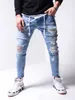 Jeans pour hommes Hommes Rétro Bleu Gris Rayures latérales Trou High Street Plissé Slim Stretch Long Denim Hip Hop Pantalon Crayon pour Male239a