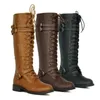 Nieuwe kniehoge vrouwen laarzen herfst winter lace up vintage platte schoenen sexy steampunk lederen retro gesp dames snowboots 200916