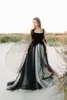 2021 Vintage Gothic Wedding Suknie Czarne Pasy Tulle Hollow Back Sweep Pociąg Custom Made Beach Steel Wedding Vestido de Novia