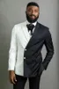 2020 Костюм Homme Двойной Брестед Мужские костюмы Белый и черный Groom Tuxedos Пик нагрудные Groomsmen Свадьба Best Man Jacket + Pant