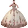 Radiant Sweetheart Metallic Sequin Application Quinceanera Dress Rose Gold Detachable Sleeves Formal Ball Gown Little Train