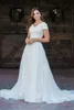 A-line Lace Tulle Boho Modest Wedding Dresses With Cap Sleeves V neck Buttons Back Short Sleeves Sweep Train Bridal Gowns Sleeved 217d