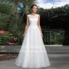 2021 Vloerlengte Tule-jurk Witte A-Lijn Trouwjurken Scoop Kant Hals Lace Up Back Bridal Towns