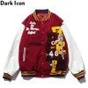 Icona scura PU in pelle patchwork bomber giacca ricamo imbottito spesso inverno giacche da uomo giacca da baseball uomo