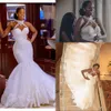 Arabiska Aso Ebi Mermaid Bröllopsklänningar Formella Bröllopklänningar Halter Illusion Lace Appliques Crystal Beaded Sheer Back Plus Size Chapel Train