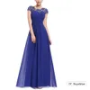 Elegante Avondjurken Nieuwe Gratis Verzending Zwart Kant Open Back Ruched Bust Cap Mouw Lange Chiffon Robe de Soiree