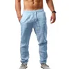 Men Cotton Linen Pants Sport Long Pant Trousers Elastic Pockets Drawstring Male Solid Breathable