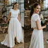 Tvåbitar Bohemian Bröllopsklänningar En linje Hög Låg Lace Chiffon Boho Beach Bröllopklänningar Billiga Lång Land Bride Dress Vestidos de Novia