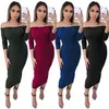 Womens Slash Neck Slanke Jurk Lange Mouw Effen Kleur Knit Jurk Famale Sexy Bodycon Jurken