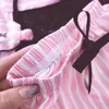 Pijamas de rayas rosadas Satén de seda Conjunto de pijamas para mujer 7 piezas Lencería de puntada Pijamas para mujer Ropa de dormir PJS 200919