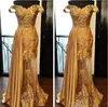 Gold Off Shoulder Prom Dresses Lace Applicaties Senue Door Avondjurken Ruffles Satijn Formele Party Jurk