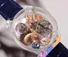 天文学トゥールビヨンローズゴールドドラゴンスイスクォーツメンズウォッチパブピースユニークな完全透明ガラス3D彫刻ブルーレザー174r