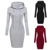 3 Colour S-2XL Women Knee Length Dress Casual Hooded Pencil Hoodie Long Sleeve Sweater Pocket Bodycon Tunic Dresses Top