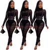 2019 Nouveau à manches longues Noir Sexy Bodycon Jumpsuit pour les femmes Mesh Voir à travers Skinny Barboteuses Femme Drapé Sortir Club Salopette T200107